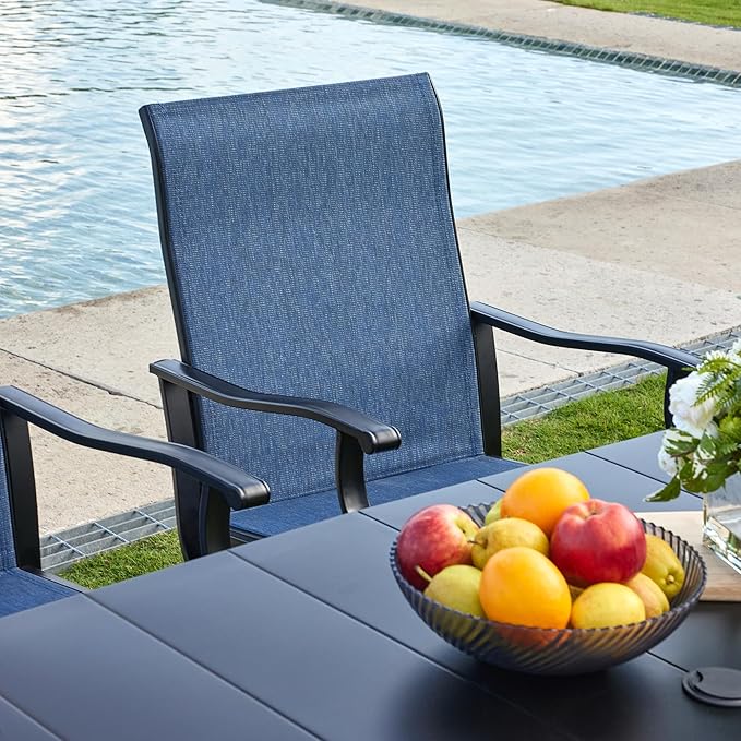 VICLLAX 7 Pieces Outdoor Dining Set, Patio Furniture Set of 6 Patio Swivel Dining Chairs and Rectangular Patio Table with Storage Shelf, Navy Blue Chairs & Black Tabletop