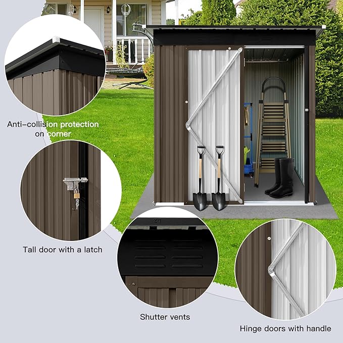 5x4 FT Metal Outdoor Storage Shed,Lockable Garden Tool Sheds with Pitched Roof and Shutter Vents,Practical Weatherproof House for Backyard Lawn,Brown+Black