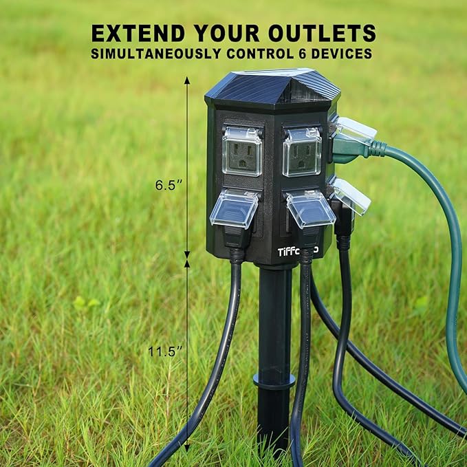 TiFFCOFiO Outdoor Power Strip Weatherproof, 25 FT Extension Cord with Stake, 6 Grounded Outlets for Halloween/Christmas Decorations and Inflatables, 15A/1875W, ETL Listed