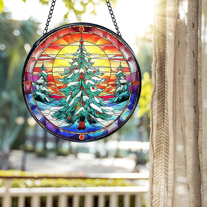 kdqua Christmas Tree Suncatcher Stained Glass Window Hanging, Winter Xmas Tree Sun Catchers Indoor Window Glass Round Wall Decor, Wall Art Hanging Decorations Statues, 7.9x7.9in