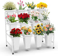 Flower Display Stand 3 Layers with 12 PCS Round Buckets, Plant Stand with Wheels, Movable Metal Plant Stand for Terrace Garden, Living Room, Florist Shop