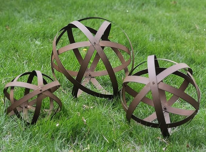 BSTGIFTS Metal Garden Spheres, Metal Band Decorative Spheres, Metal Folding Orb Garden Ball, Sets of 3