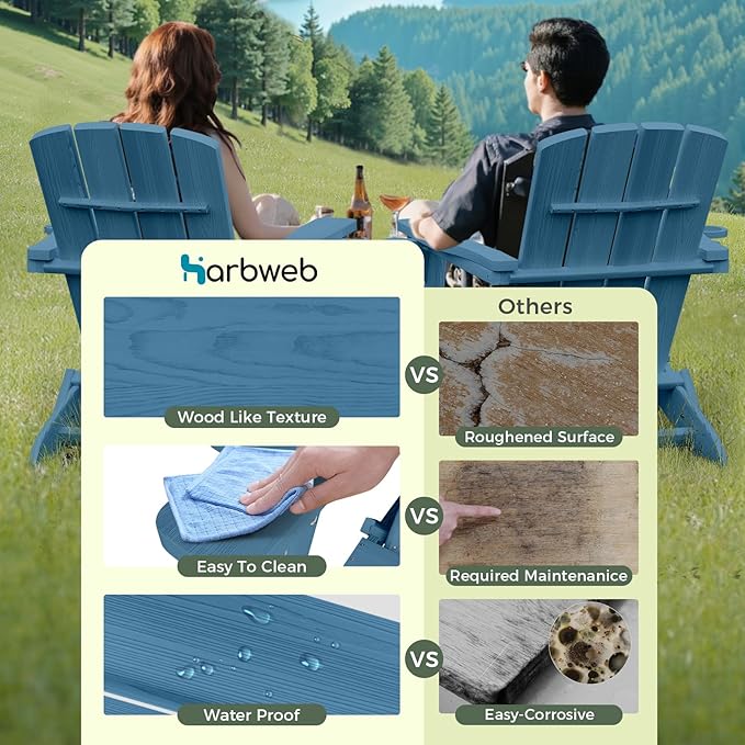 Folding Adirondack Chair Wood Texture 6 Pack, HDPE All-Weather Fire Pit Chairs, Plastic Adirondack Chairs with 2 Cup Holder, Outdoor Lawn Chair for Patio Garden (Navy Blue)