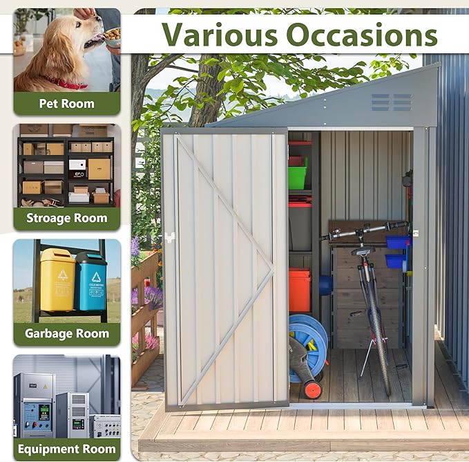 4×7 Ft Lean to Shed, Small Metal Outdoor Storage Shed, 0.25mm Galvanized Steel Metal Garden Tool Shed Waterproof with Lockable Door for Backyard, Patio, Garden, Grey
