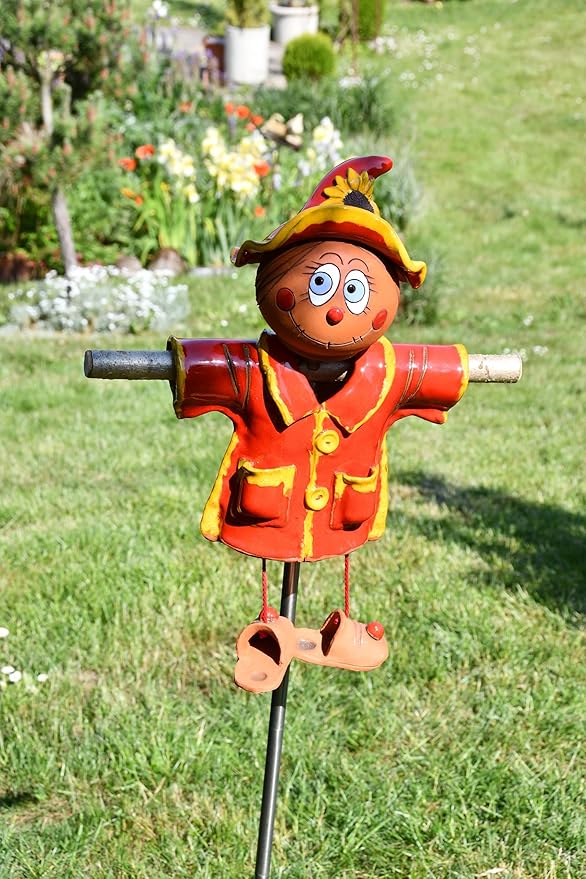Ceramic Garden Decor - Scarecrow Lawn stake, red - Outdoor statue - Perfect, unique gifts for gardeners woman, men, yard gifts - Handmade, Frostproof