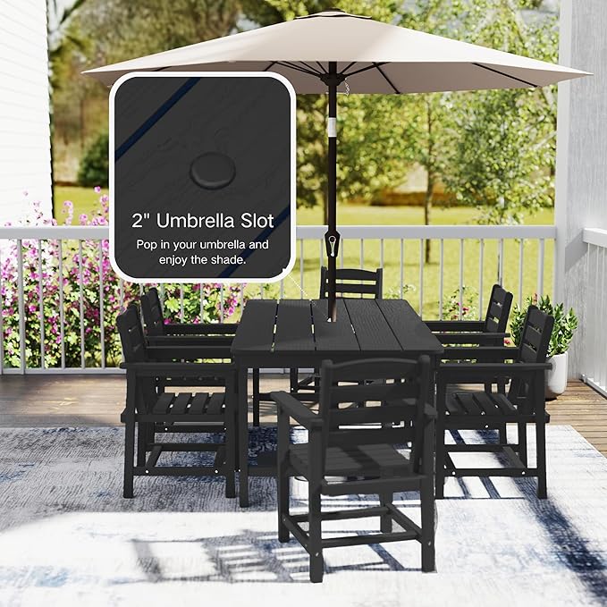 7 Piece Patio Dining Set with 11ft Patio Umbrella (Beige), 7 Black Outdoor HDPE Dining Set with 6 Chairs + 1 Large Table with 2" Umbrella Hole, for Market, Pool, Garden, Backyard, Deck