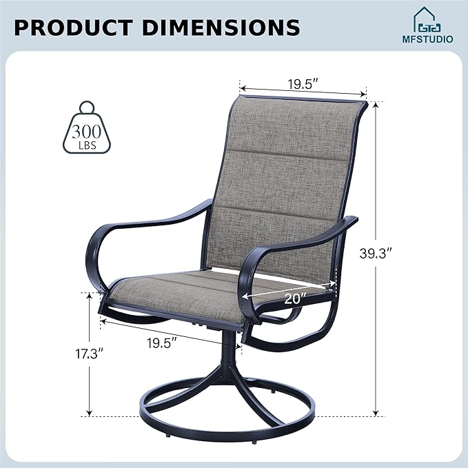 MFSTUDIO Swivel Patio Dining Chairs Set of 2, Outdoor Dining Chairs with Padded Textilene Fabric & Sturdy Metal Frame, All Weather Outdoor Sling Furniture Chairs for Deck, Bistro, Garden and Lawn