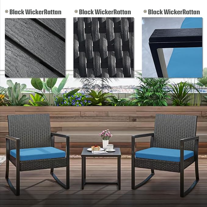 3 Pieces Outdoor Patio Set -Wicker Rattan Chair Conversation Set with Glass Table for Poolside Yard Rocking Chair Set for Bistro Garden Front Porch All Weather Patio Furniture Set
