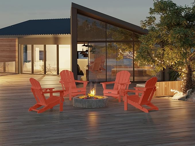 MUCHENGHY Folding Adirondack Chairs, Patio Chairs, Lawn Chairs, Outdoor Chair, Adirondack Chair Plastic, Fire Pit, Weather Resistant with Cup Holder for Deck, Backyard, Garden(Orange)