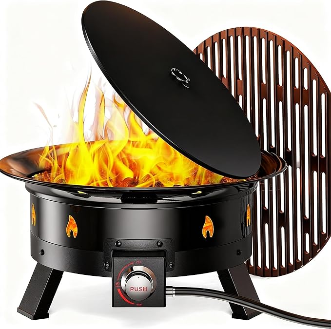 Ciays 21 Inch Propane Fire Pit with Grill Grate, Folding Legs, CSA Certified, 58,000 BTU, Black, Metal, Round, Compatible with Propane