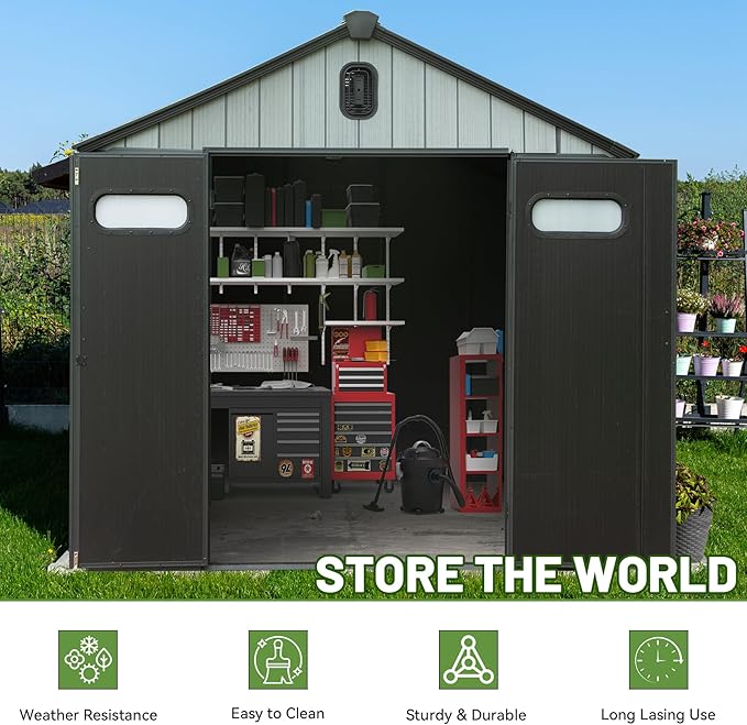 8X8FT Outdoor Resin Storage Shed, Waterproof Plastic Garden Shed with Lockable Door, Windows & Vents, Outside Storage Tool Shed for Patio Furniture, Lawn Mower, Bike