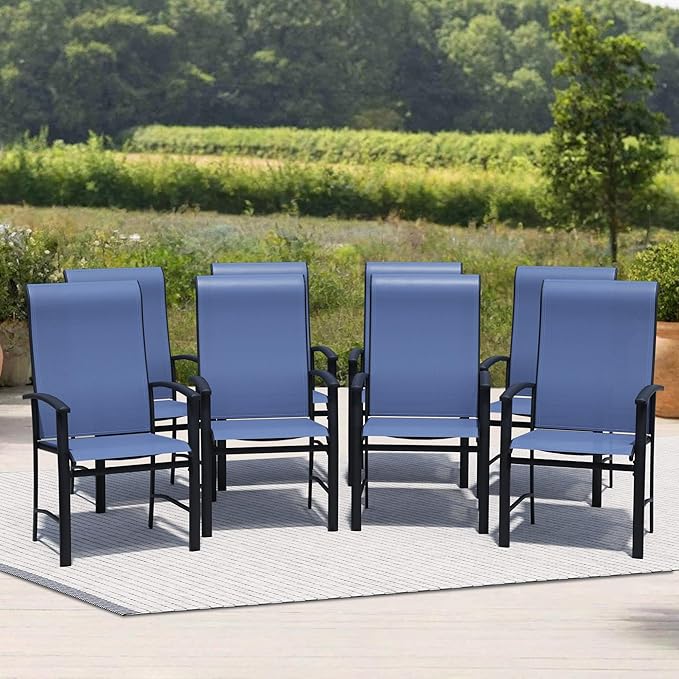 Outdoor Dining Chairs Set of 8, Stackable Patio Chairs with Metal Frame & Textilene Fabric, Perfect for Patio Garden Deck, Blue