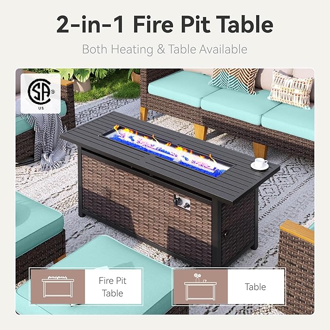 GREEN PARTY 7 Pieces Wicker Patio Furniture Set with 56" Fire Pit Table, All-Weather Outdoor Rattan Patio Sectional Sofa Conversation Set with 4" Thick Cushions for Backyard, 2 x Ottomans (Blue)