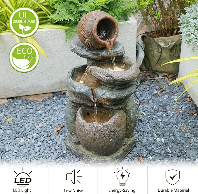 Outdoor Rock Garden Water Fountain for Garden, Patio, Backyard, Deck, Porch and Office, Living Room Home Art Decor, 3 Tiers Natural Cascading Outdoor Fountain with LED Lights 11“x9”x22