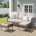 Patio Furniture Set, All Weather 3 Pieces Wicker Outdoor Small Sectional Set, 5" Thick Rattan Conversation Set with 3-seat Sofa and Ottoman for Lawn, Garden, Beige/Brown Wicker