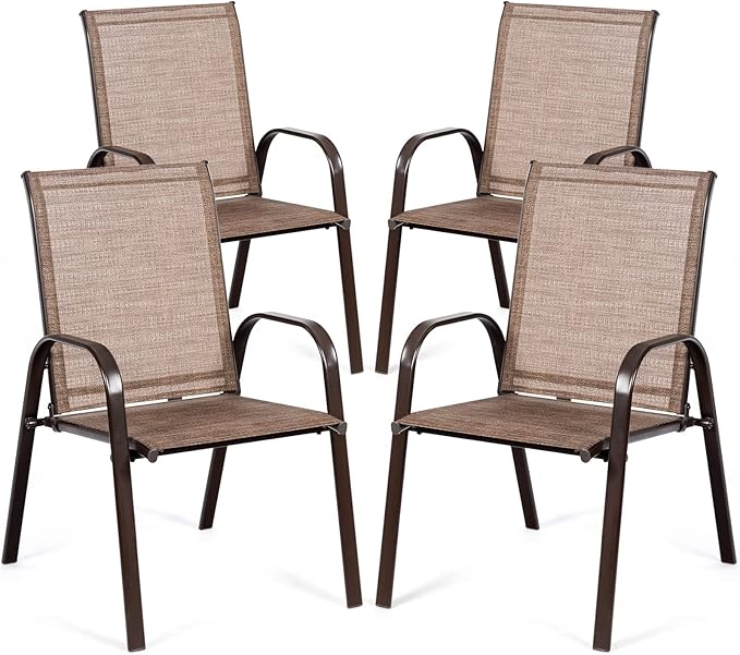 Tangkula 4 Piece Patio Dining Chairs, Outdoor Bistro Chairs W/Curved Armrests, Easy-to-Dry Fabric, Reinforced Steel Frame, Wide & Comfortable Camping Chairs for Garden, Poolside, Backyard (2, Brown)