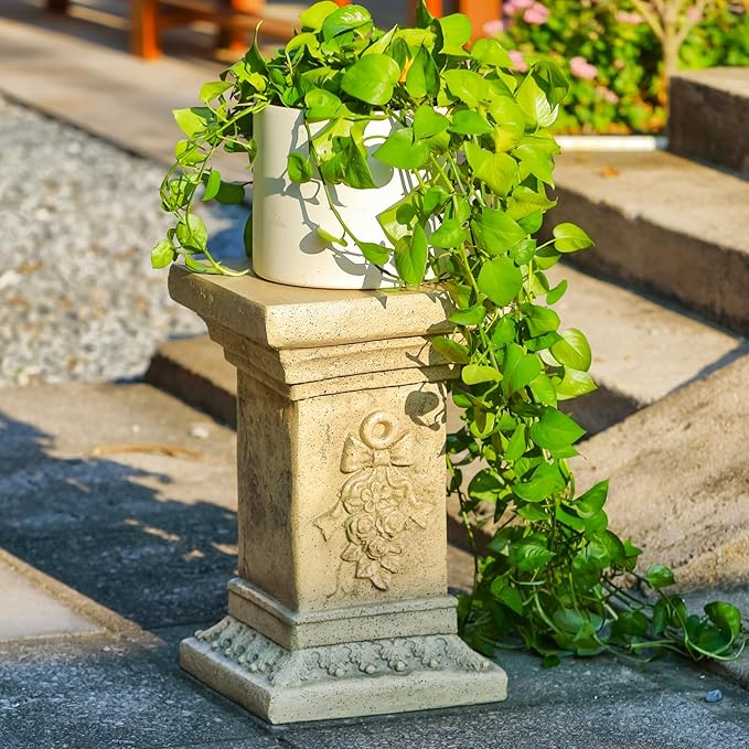 19" Tall Garden Pedestal Stand with Bow Design, Heavy Duty Magnesium Oxide Plinth, Weatherproof Outdoor Pedestal for Sculptures, Flower Pots, Decor – Sturdiness Plinth Base Statue Riser