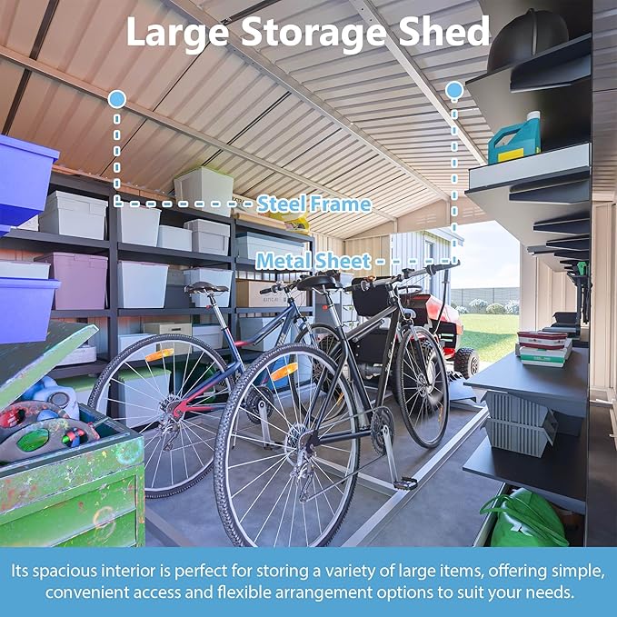 14x10 FT Outdoor Storage Shed,Metal Shed W/ 3 Lockable Doors，Floor Frame & Side Door,Garden Tool House W/ 4 Air Vents & Sloped Roof,for Backyard Patio Lawn,Light Gray