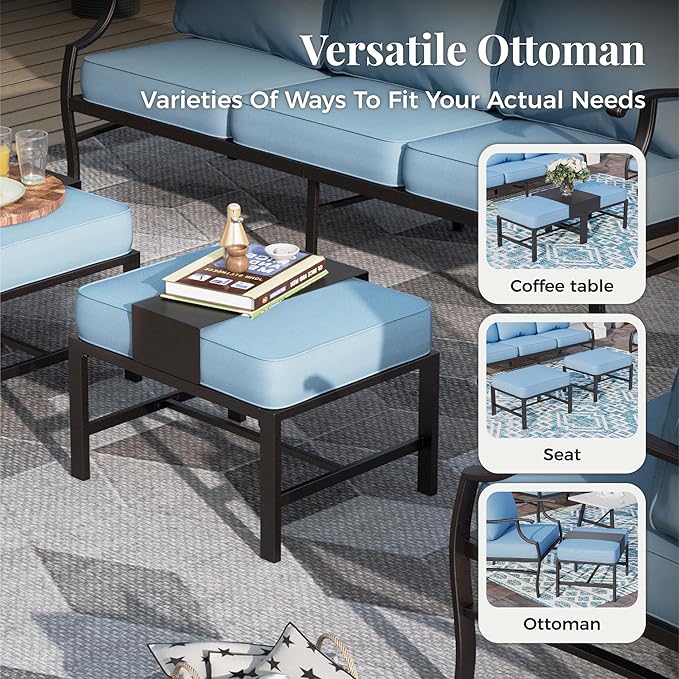 Patio Furniture Set 7 pcs, Outdoor Patio Furniture, 3-Seat Sofa, 2 Single Chairs, 2 Rocking Chairs, 2 Ottomans and 5.75" Extra Thick Cushion, Patio Conversation Set for Backyard Deck,Blue