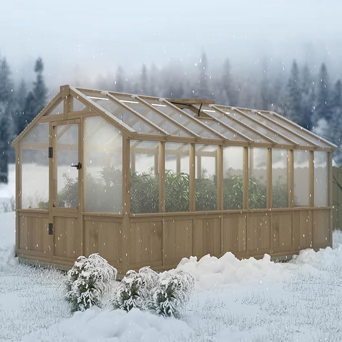 Mupater 8 x 16 FT Wooden Greenhouse for Outdoor, Heavy Duty Greenhouse Kit with Vent Window and Lockable Door, Walk-in Green House for Garden, Patio, Backyard and Lawn, Brown