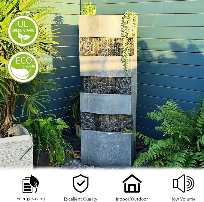 40.5''H Garden Water Fountain Outdoor,4 Tiers Floor Standing Waterfall Outdoor Fountains with LED Lights for Garden, Patio, Backyard, Deck, Porch and Home Art Decor