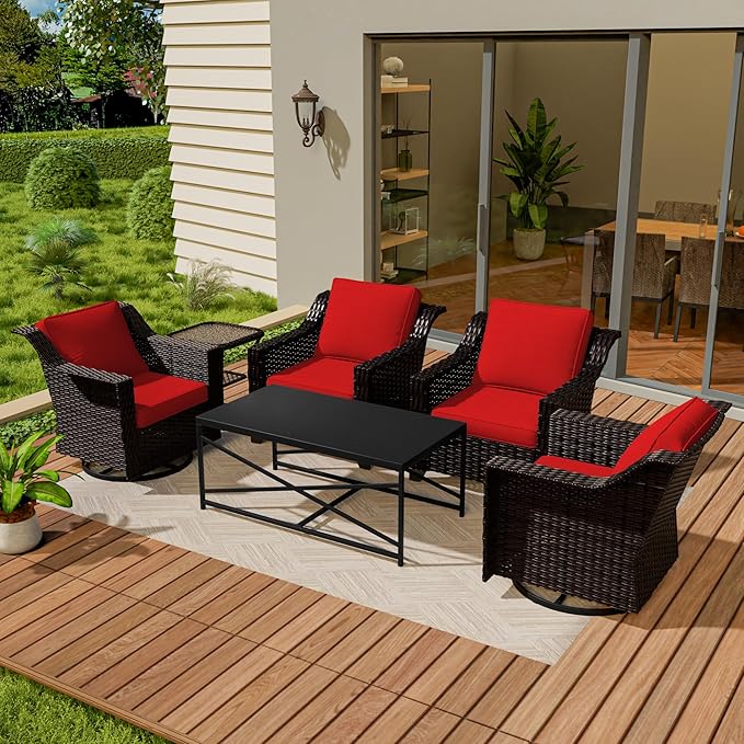 Vista Vibe 6 Pieces Outdoor Rattan Patio Conversation Furniture Set - 360 Degree Swivel Glider Rocker Chairs | Coffee Table | 2 Wicker Chairs, Washable Cushions, Terrace, Sunroom (Brown/Red)