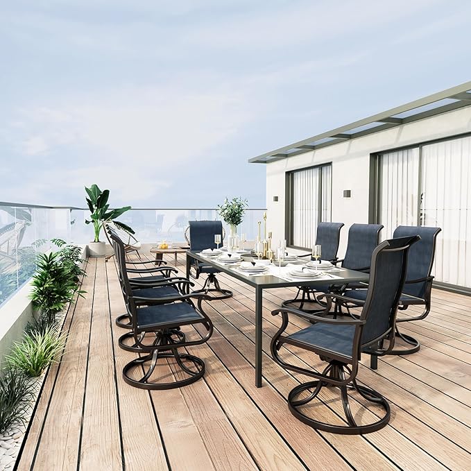 Amopatio Patio Swivel Chairs Set of 8, Outdoor Swivel Rocker Dining Chairs with All Weather Textilene High Back & Metal Frame, for Backyard Deck Lawn Garden, Navy Blue