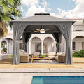 Outdoor Gazebo Metal Frame Patio Pergola Double Roofs Patio Canopy with Double-Layer Door and Mosquito Netting for Deck, Backyard, Lawn (Grey, 10x10FT)