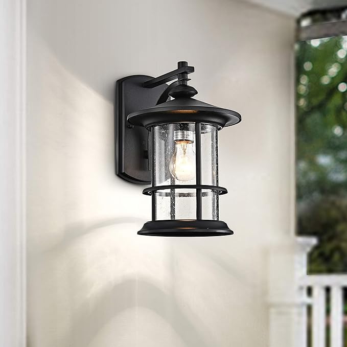 MICSIU Textured Black Outdoor Light Fixture, Clear Seedy Glass Large Outdoor Wall Sconce Lights, 12.5 Inch Exerior Wall Lights for House, Front Porch, Patio, Backyard.