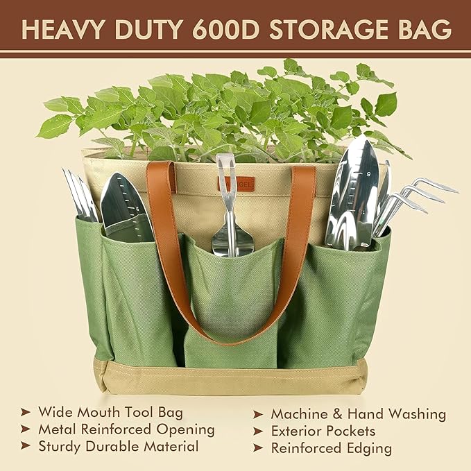 YAUNGEL Gardening Tools - 10 Pcs Garden Tool Set Heavy Duty Stainless Steel Garden Supplies Hand Tools with Wooden Handle, Storage Tote Bag, Gardening Gifts for Women and Men