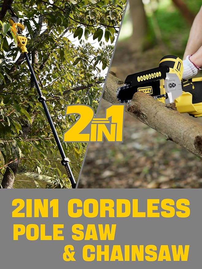 2-in-1 Cordless Pole Saw & 8-Inch Chainsaw, Brushless Motor with 4.0Ah Battery, Extendable Electric Tree Trimmer for High Branch Pruning, Limb Cutting & Quick Cleanup
