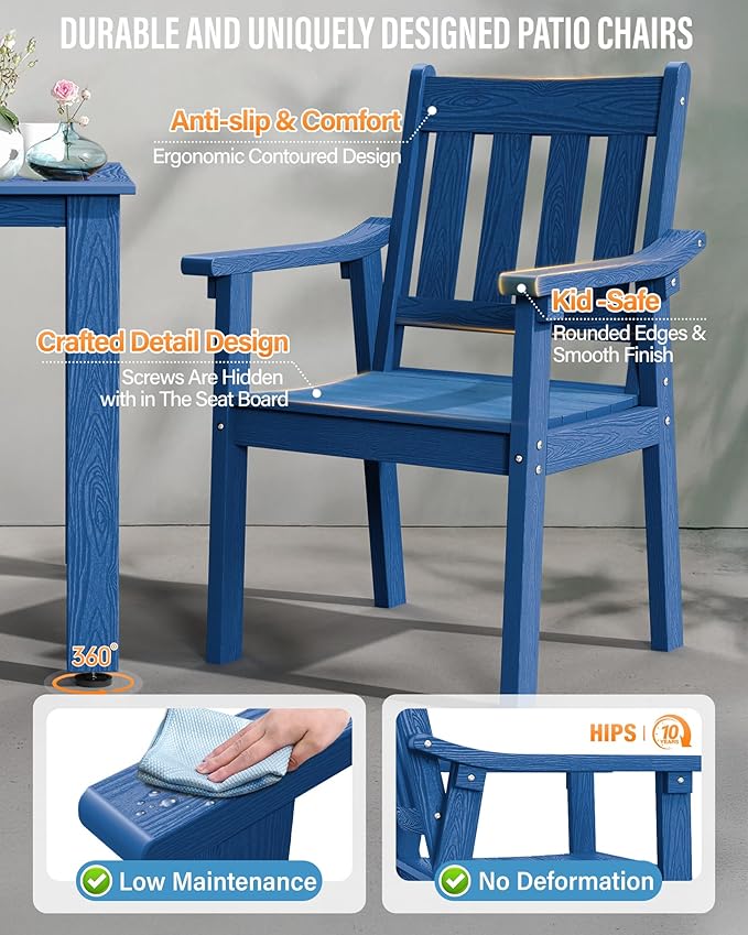 YEFU Patio Dining Chairs Set of 6: All Weather Outdoor Dining Chairs with Wide Curved Seat and Backrest - Outdoor Furniture Plastic for Outside Backyard/Garden/Porch/Deck 350lbs Capacity Blue