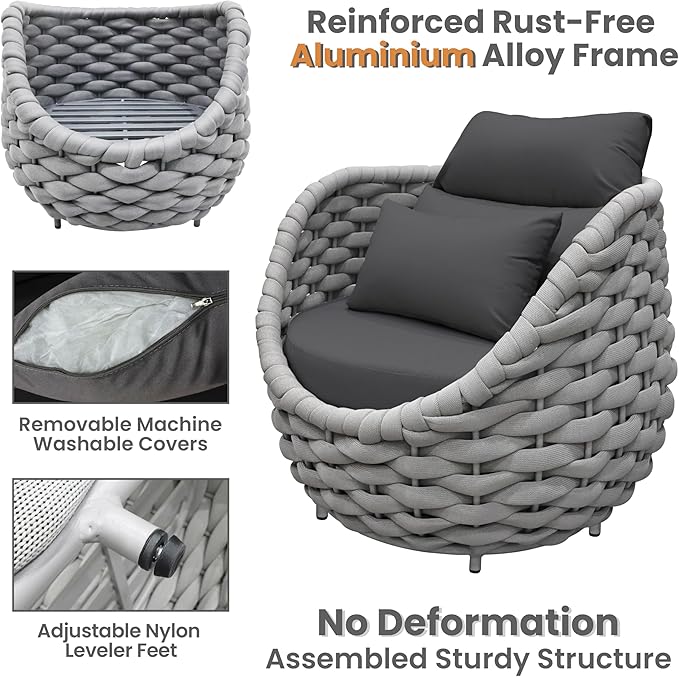 4 PCS Deck Furniture Accent Chair: Aluminum Woven Rope Chair - Outdoor Lounge Armchair Cushioned - Modern Patio Seating Assembled - All Weather for 400lbs Porch Lanai Balcony Yard Garden Hotel