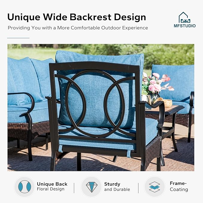 MFSTUDIO 4 Pieces Outdoor Patio Furniture Set, Metal Outdoor Conversation Set, Rattan Wicker Patio Sectional Set with 2 x Fixed Single Sofa, 3-Seat Sofa, 1 x Fire Pit Table, Navy Blue