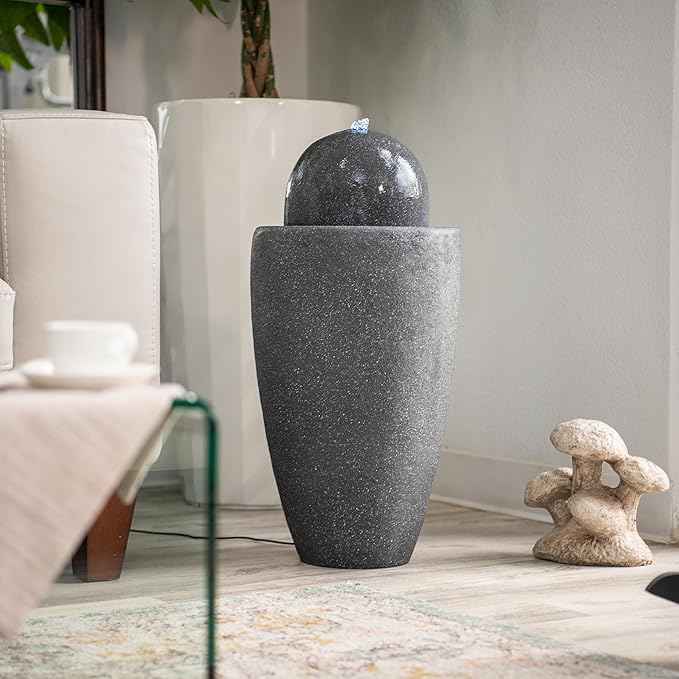 XBrand 25.98" H Round Stone Indoor/Outdoor Modern Stone Textured Sphere Water Fountain w/LED Lights, Ball Fountain Decor, Gray