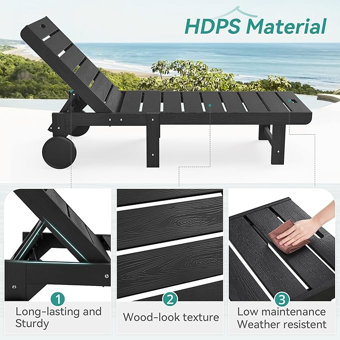 Outdoor Chaise Lounge Chairs, 26.8” Super Wide Lounge Chair Outdoor, HDPS Pool Chairs with 5 Positions, Patio Lounge Chair with Wheels for Pool,Lawn,Backyard, Black