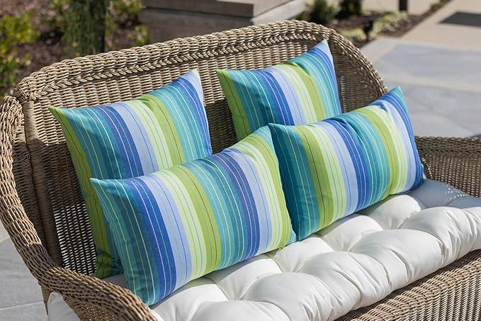 RSH DECOR: Sunbrella Lumbar & Square Pillows Set of 4 | 20" x 12" & 17" x 17" | Water and Fade-Resistant Performance Fabric | Outdoor Throw Pillows for Patio Furniture | Seville Seaside