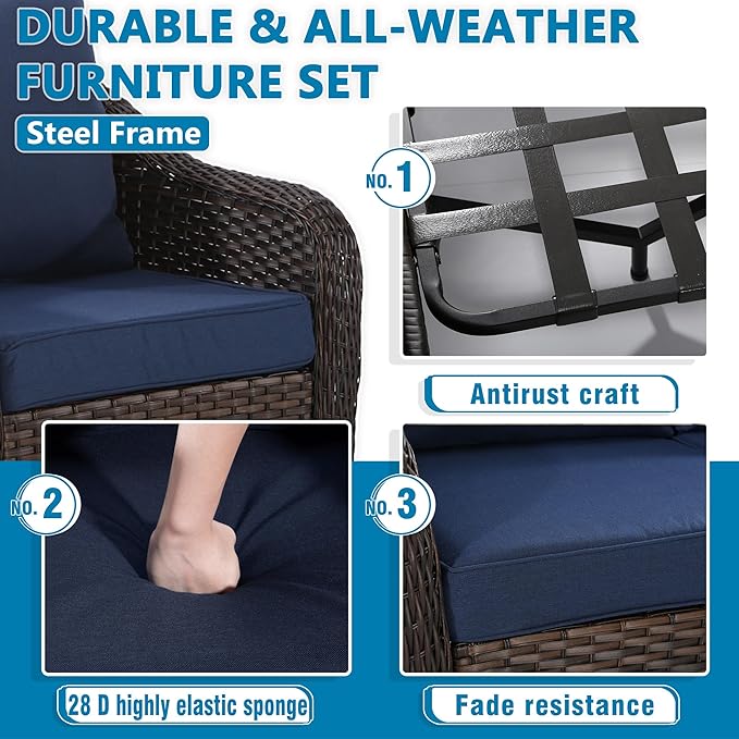 Vista Vibe Outdoor Rattan Chairs Set of 2 with with Coffee Table, All-Weather Patio Conversation Furniture Set with Washable Cushions &Hand-Woven PE Rattan, Garden, Bistro, Deck, Yard (Navy)