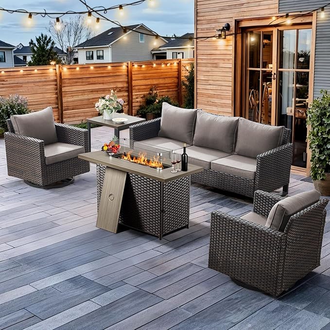 HUMMUH 5 Piece Patio Furniture Set with Fire Pit Table 41in 55,000 BTU,Wicker Outdoor Conversation Sets - Outdoor Swivel Rocker Chairs Patio Sofa for Porch,Garden,Backyard
