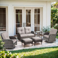 Outdoor Swivel Glider Rocker Chairs Set- 6 Piece Patio Furniture Set with A Glider Loveseat, Tempered Glass Side Table and 2 Ottoman, for Balcony, Porch - Brown Wicker, Beige Cushion