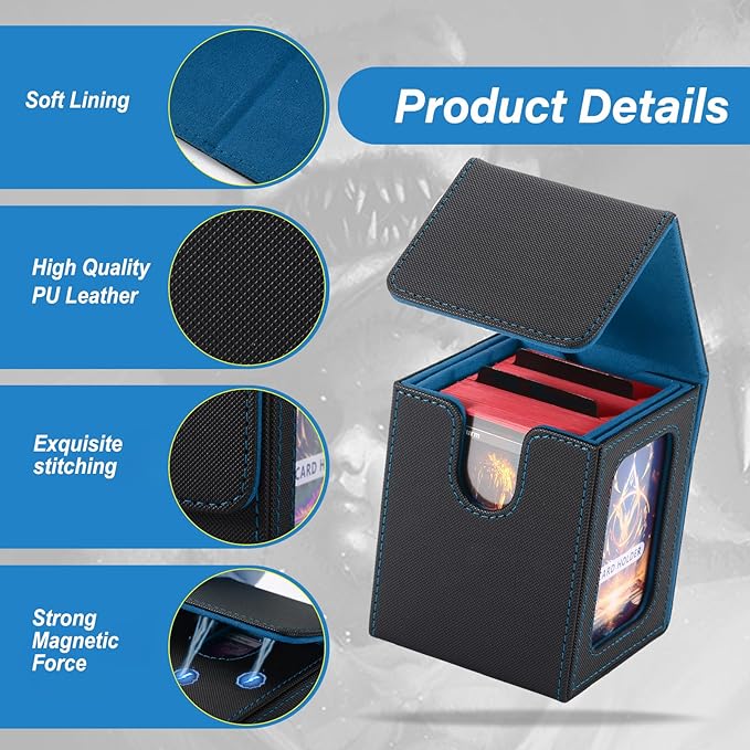 MTG Deck Box, Double Display Window MTG, Commander Deck Box Fits 120+ Single Sleeved Cards, PU Leather Magnetic Closure Card Box with 2 Dividers&2 Toploaders for TCG, CCG, Black/Blue