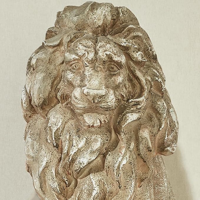 Lions at Guard Sculpture Set of 2 | Lion Statues | Outdoor Seasonal Lion Sculpture Set | Garden Backyard Yard Driveway | Weathered Sand | Realistic Lion Statues
