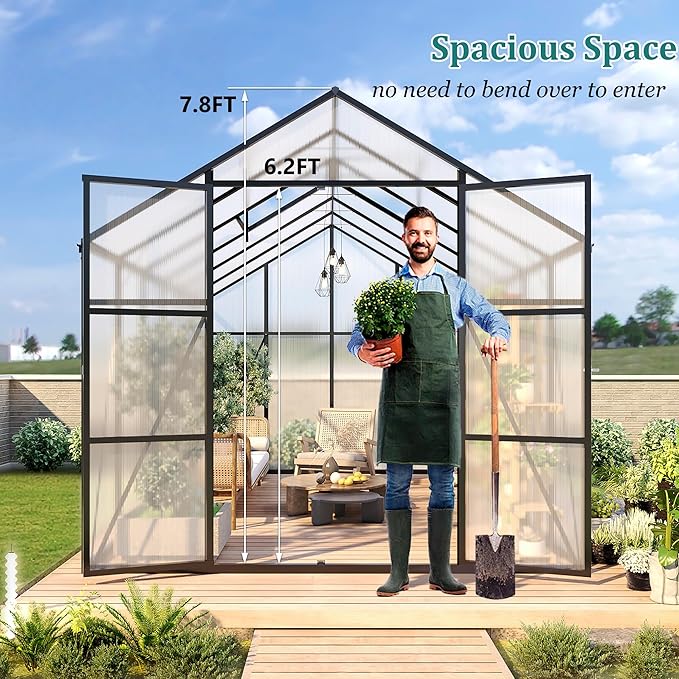 Greenhouse for Outdoors 8x14x7.8FT, Polycarbonate Greenhouse with Stronger Wind Protection and Roof Vent, Walk-in Large Aluminum Sunroom Winter Proof, Black