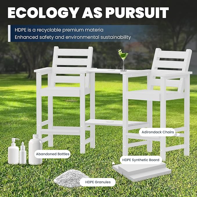 Tall Adirondack Chairs Set of 2, All Weather HDPE Poly Bar Height Balcony Adirondack Chair with Removable Double Connecting Trays, Outdoor Adirondack Barstools for Deck, Patio, Yard, Pool, Lawn