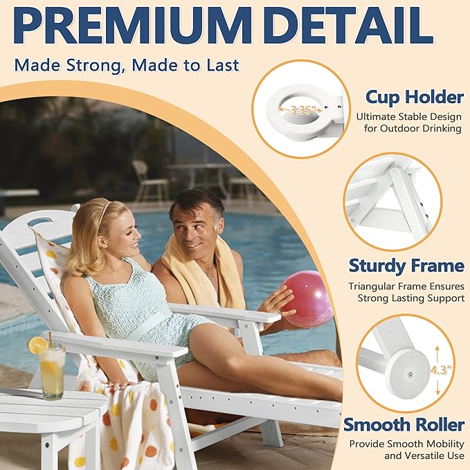 Patio Chaise Lounge Chair Set of 2, HDPE Outdoor Lounge Chairs with 5-Position Adjustable Backrest, Cup Holder and Wheels, 450lbs Capacity for Poolside Deck Backyard, All Weather Material(White)