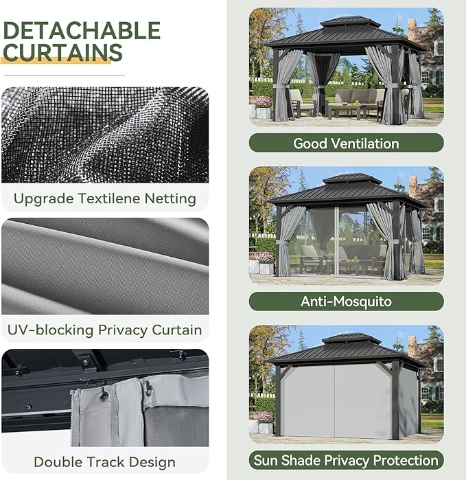 Aoxun 12'x10' Hardtop Gazebo, Aluminum Frame Permanent Pavilion with Curtains and Netting, Outdoor Galvanized Double Roof Canopy, Designed for Garden, Lawns, Patio