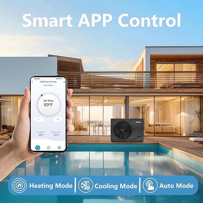 MICOE 58000 BTU Inverter Swimming Pool Heat Pump Up to 30ft (8/18/30ft) &16500 Gallons Electric Pool Heater for Above Ground or Inground Pool, Heating and Cooling Pool Heater
