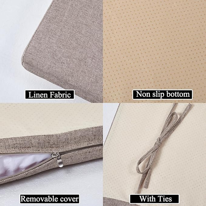 30 x 14 Inch Piano Bench Cushions for Indoor Furniture with Ties Non Slip Kitchen Dining Room Bench seat Cushion for Shoe Storage Ottoman Window Settee Pad, Khaki