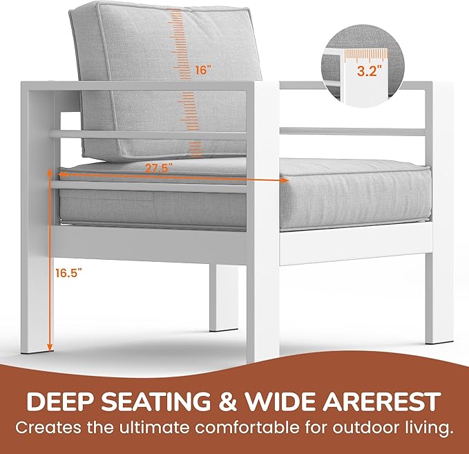 Solaste Aluminum Patio Furniture Set for All Weather, Oversized Metal Outdoor Furniture Set with 27.5" Deep Seating and 3.2" Wide Armrest, Outdoor Patio Conversation Set with 5" Cushion, White