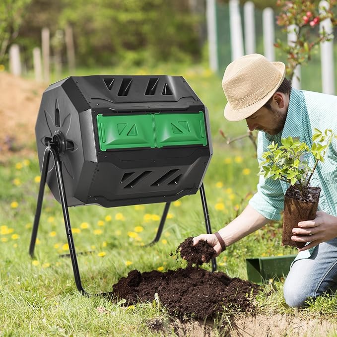 Compost Bin Outdoor, 43 Gallon Dual Chamber Tumbling Composting with Sliding Doors, Large Compost Tumbler, Compost Bin for Garden, Kitchen, and Yard Waste, Black+Green